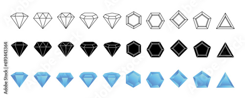 Gemstone logo. Precious gem icons. Crystal geometric star and jewel shapes elements. Sparkle stones. Expensive jewelry. Faceted carat. Treasure sapphire. Black onyx. Vector garish design symbols set photo