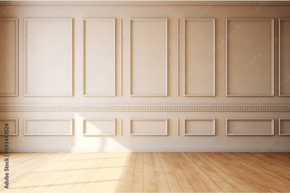 Beige elegant sunny emty room with moulding and oak parquet. generative ai. Beige elegant sunny emty room with moulding and oak parquet. generative ai.
