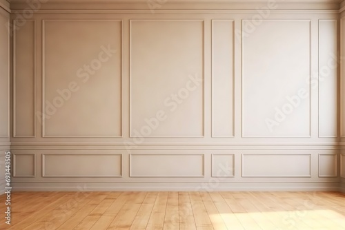 Beige elegant sunny emty room with moulding and oak parquet. generative ai.