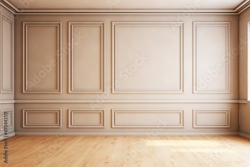 Beige elegant sunny emty room with moulding and oak parquet. generative ai.