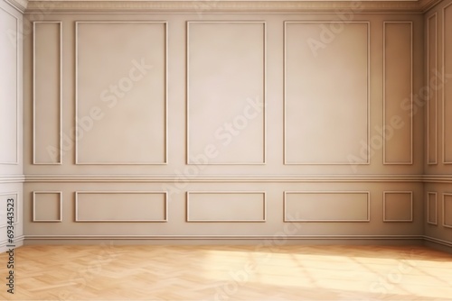 Beige elegant sunny emty room with moulding and oak parquet. generative ai.