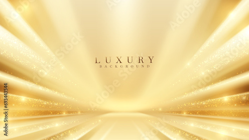Gold stage scene with glitter light effects decorations and bokeh. Luxury background design concept. Vector illustration.