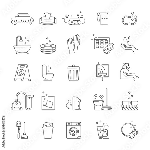 Home clearing. Housekeeping icon. Laundry laying out. Washing rope mop with bucket. Mopping room. Smooth housework. Cobweb vacuum cleaner. Web brush services. Vector cleaning garish pictograms set