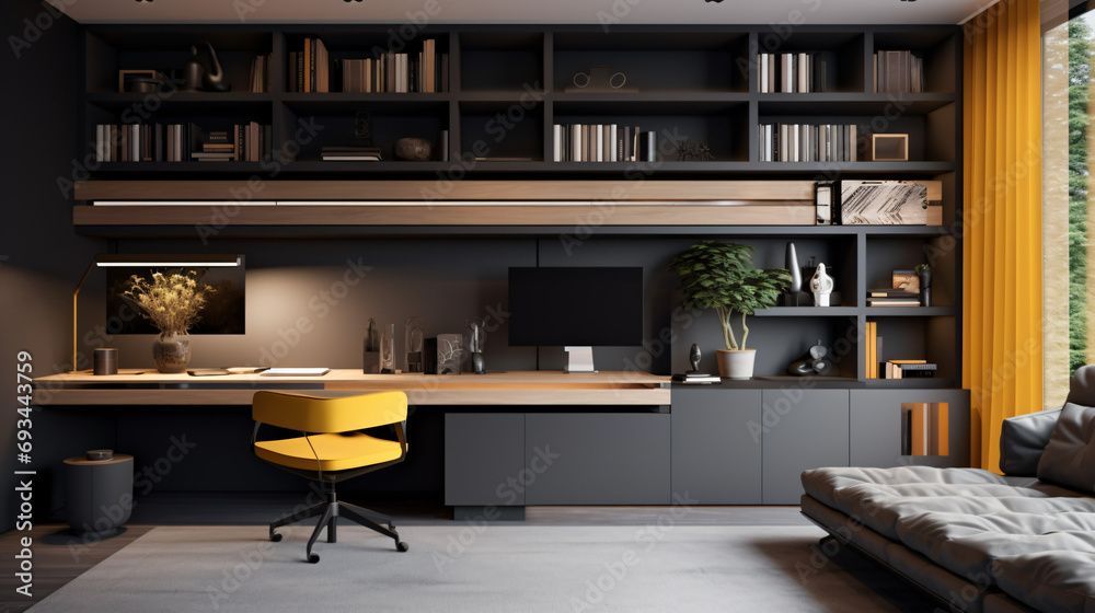 Yellow and Dark Grey Contemporary Home Office Setup