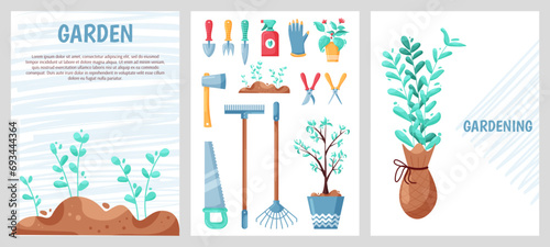 Garden cards. Gardening equipment. Growing agriculture plants. Shovel and rake. Seedling in flowerpot. Planting sprouts. Spade and pitchfork. Seeds cultivation. Gardener tools. Vector farm banners set photo