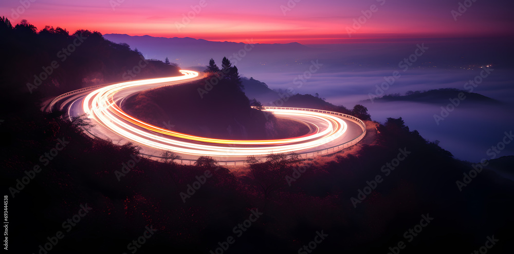 Photo of a highway at night. Neon night highway track with colorful lights and trails - obrazy, fototapety, plakaty 