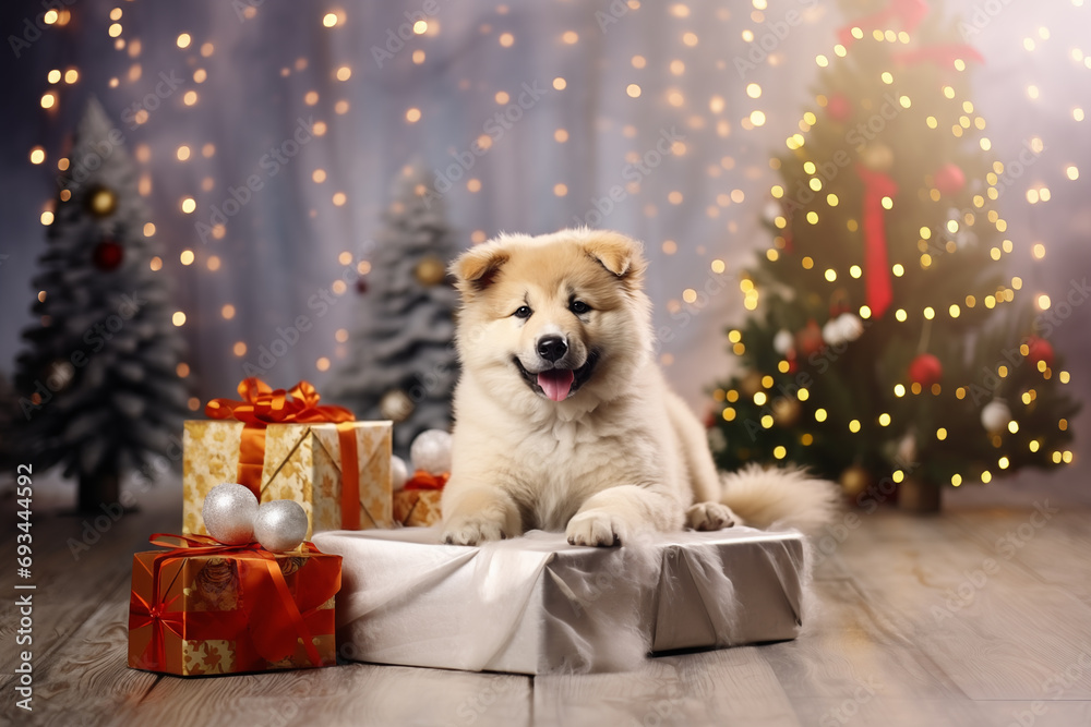 Akita inu puppy lies on a beige box next to Christmas presents, decorated trees and lights in the background Akita inu puppy lies on a beige box next to Christmas presents, decorated trees and lights in the background