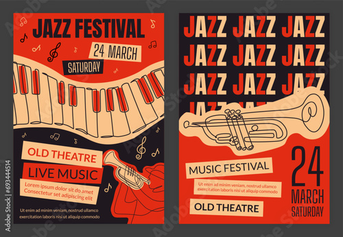 Jazz band poster. Party invitation. Music concert. Musical festival. Trumpet and piano. Theatre performance flyer. Musicians orchestra. Line drawing. Nightlife placard. Vector retro design banners set photo