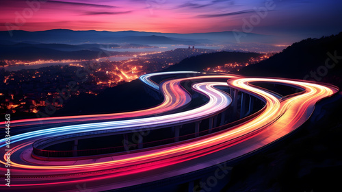 Photo of a highway at night. Neon night highway track with colorful lights and trails © Oksana