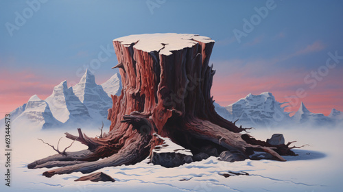A solitary humongous tree stump on a snowy colored  photo