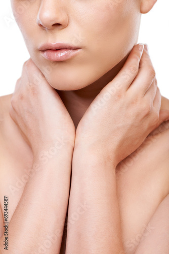 Woman, hands and skincare for cosmetics, beauty or makeup isolated against a white studio background. Closeup of female person, shoulder or skin in care for dermatology, hygiene or spa treatment