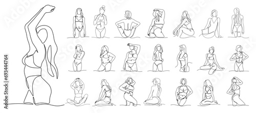 One line women set. Outline girls in different poses. Various female models in underwear and swimsuit, isolated decor elements, Sexy plus size nude figures collection. Vector isolated illustration