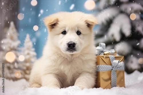 Slovak cuvac puppy lies on the snow next to a golden Christmas present, coniferous trees in the background © Monath Studio