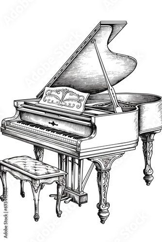 Vector black and white illustration of a grand piano in engraving style