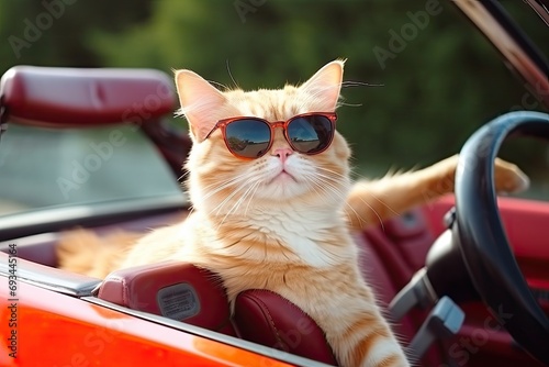 Funny cat drives a toy car in the city.by Generative AI