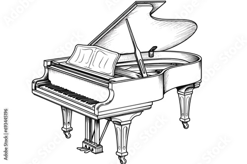 Vector black and white illustration of a grand piano in engraving style photo