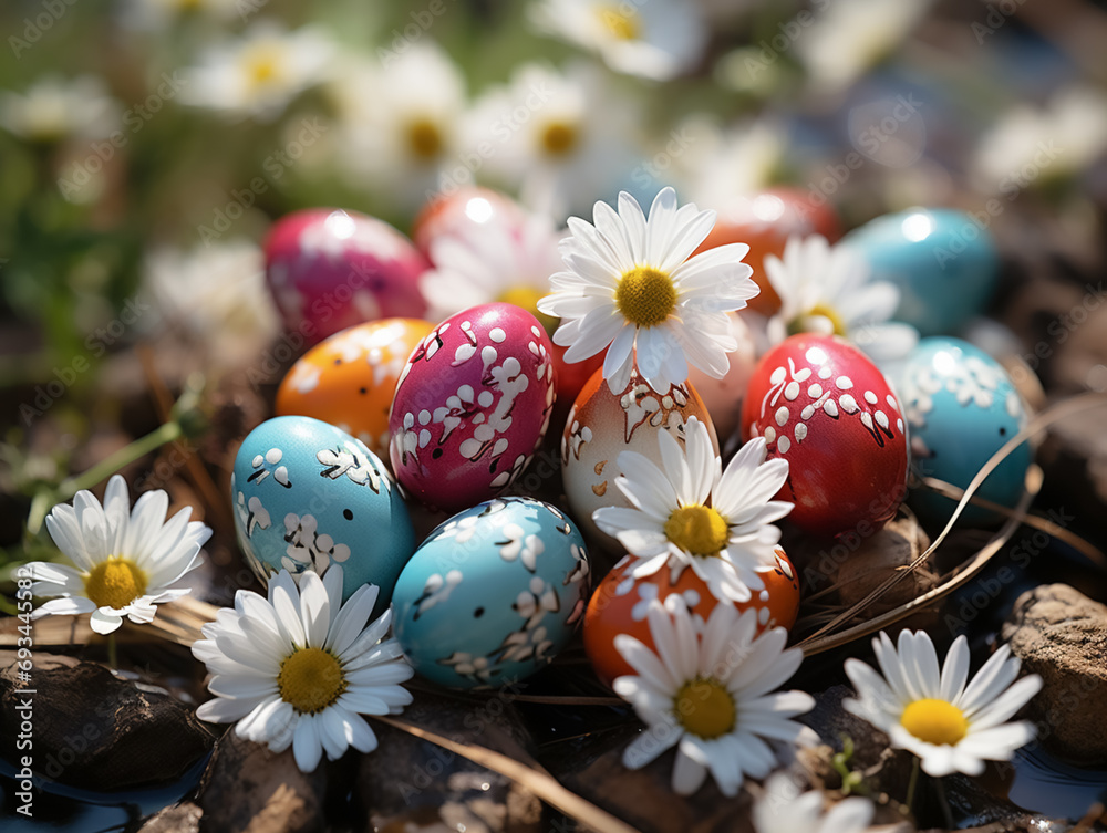 Different colored Easter eggs lie in a green meadow full of daisies, AI generated
