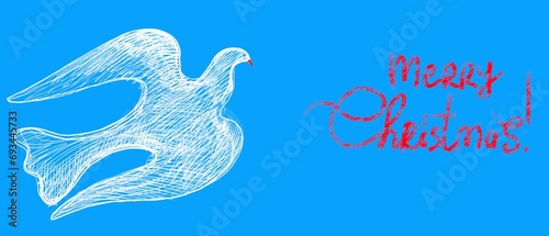 Banner lungo azzurro con colomba bianca pasquale con scritta disegnata a mano Felice Natale!