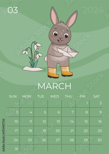 Vertical children calendar 2024. Month of March. Hare in rubber boots holds a paper boat near snowdrops. A5 format. Vector graphic.