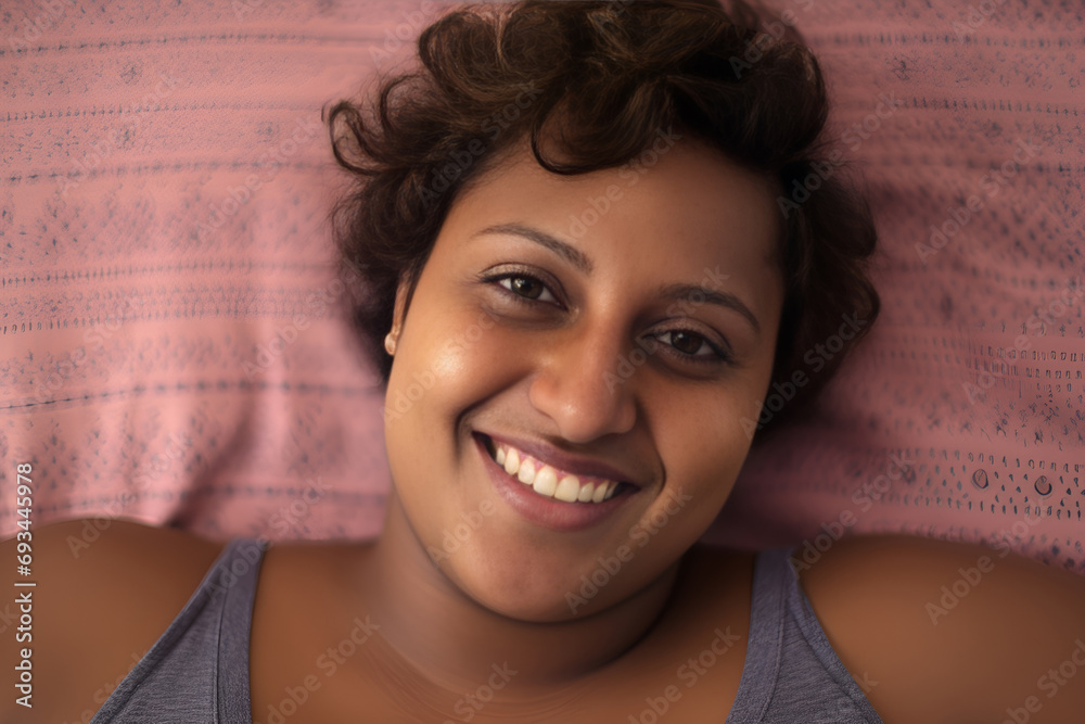 Boudoir portrait of young mixed race plus-size woman lying on a bed, smiling Boudoir portrait of young mixed race plus-size woman lying on a bed, smiling