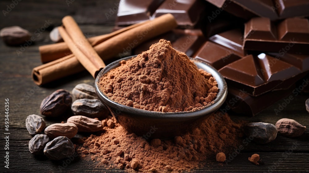 chocolate powder in a container, Raw cocoa beans, bowl with cocoa powder, chocolate in a sack chocolate powder in a container, Raw cocoa beans, bowl with cocoa powder, chocolate in a sack