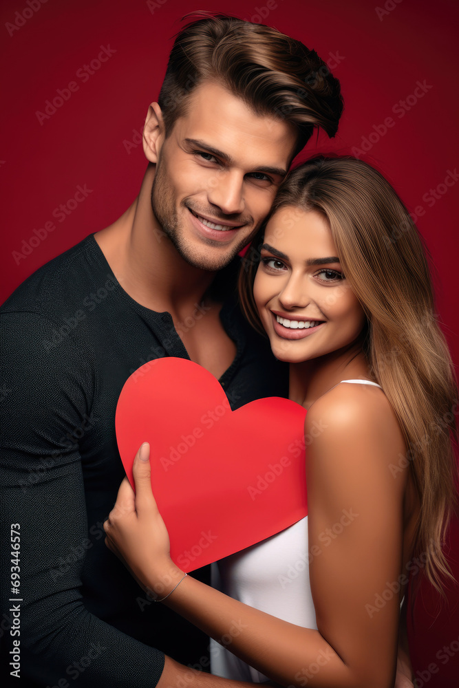 Happy smiling beautiful young couple is holding red paper heart Happy smiling beautiful young couple is holding red paper heart