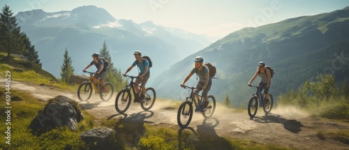 friends on e-bikes: exploring majestic mountain views together photo