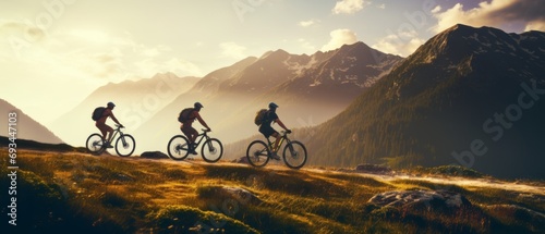 friends on e-bikes  exploring majestic mountain views together