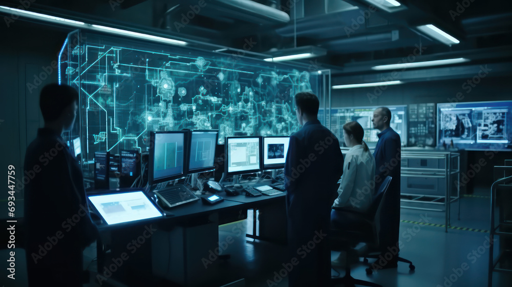 Futuristic Technology Team of Engineers and Professionals Workers in Industry Manufacturing Factory that is Digitalized with Graphics into Connected Automated Machinery. High-Tech Industry Futuristic Technology Team of Engineers and Professionals Workers in Industry Manufacturing Factory that is Digitalized with Graphics into Connected Automated Machinery. High-Tech Industry