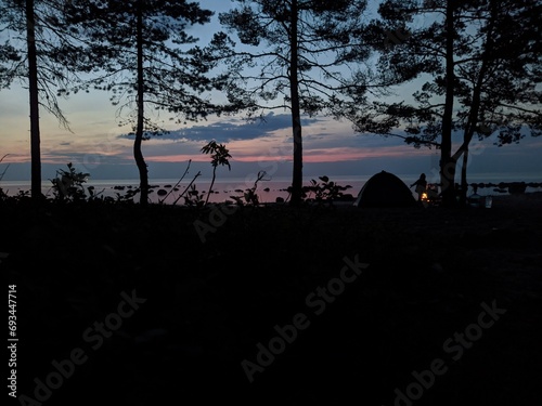 night landscape in the forest against the backdrop of a sea of beautiful sky and a tent with a fire