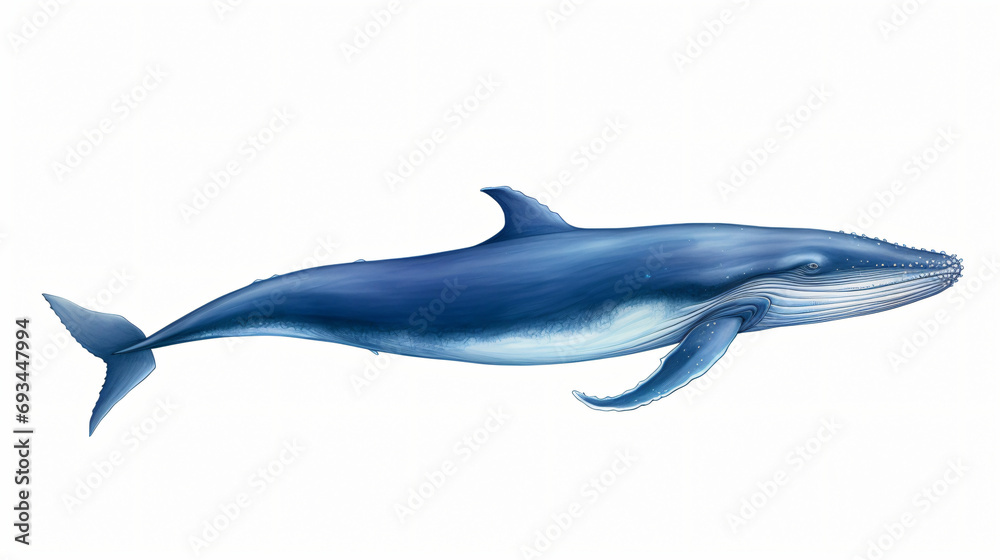A lonesome blue whale against a plain white backdrop