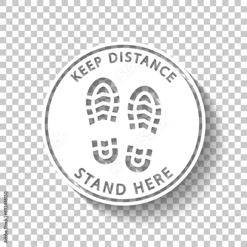 Footprint floor sticker, social distance during covid. White icon with shadow on transparent background photo