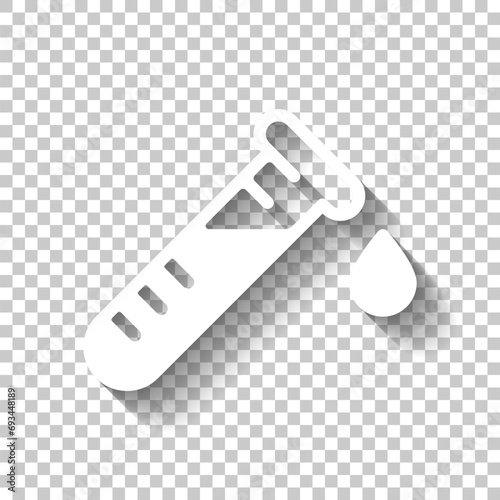 Test tube with blood, medical logo, simple icon. White icon with shadow on transparent background