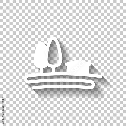 Farm house and field, organic product, simple icon. White icon with shadow on transparent background