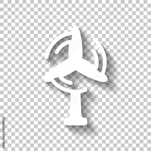 Wind turbine, green energy, ecology technology, simple icon. White icon with shadow on transparent background