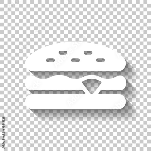 Sandwich or hamburger, fast food, simple icon. White icon with shadow on transparent background