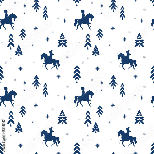 Christmas and New Year theme. Vector seamless pattern. Horseback riding in the winter forest