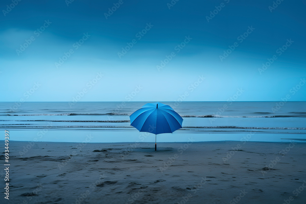 blue umbrella in a gloomy and desert beach