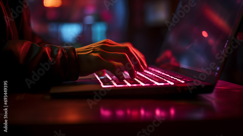 Close up hands of man typing on laptop keyboard to working