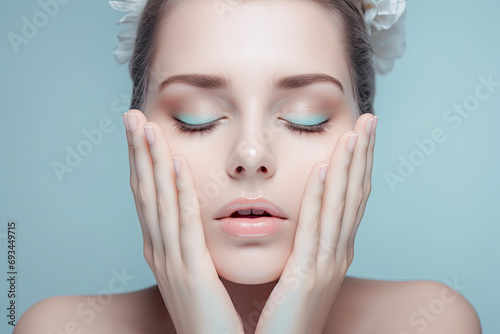 Portrait of a woman with perfect fresh skin and natural make up touching her face with closed eyes on blue background