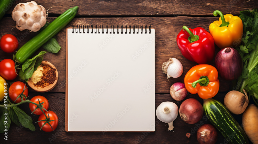 Blank recipe book template mock up with vegetables - obrazy, fototapety, plakaty 