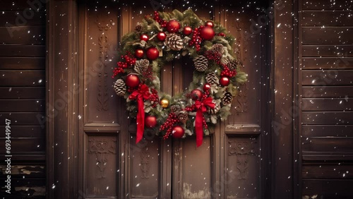 Festive Entryway: Cozy Christmas Scene with Snowflakes and Wreath on Wooden Door - Looping Video photo