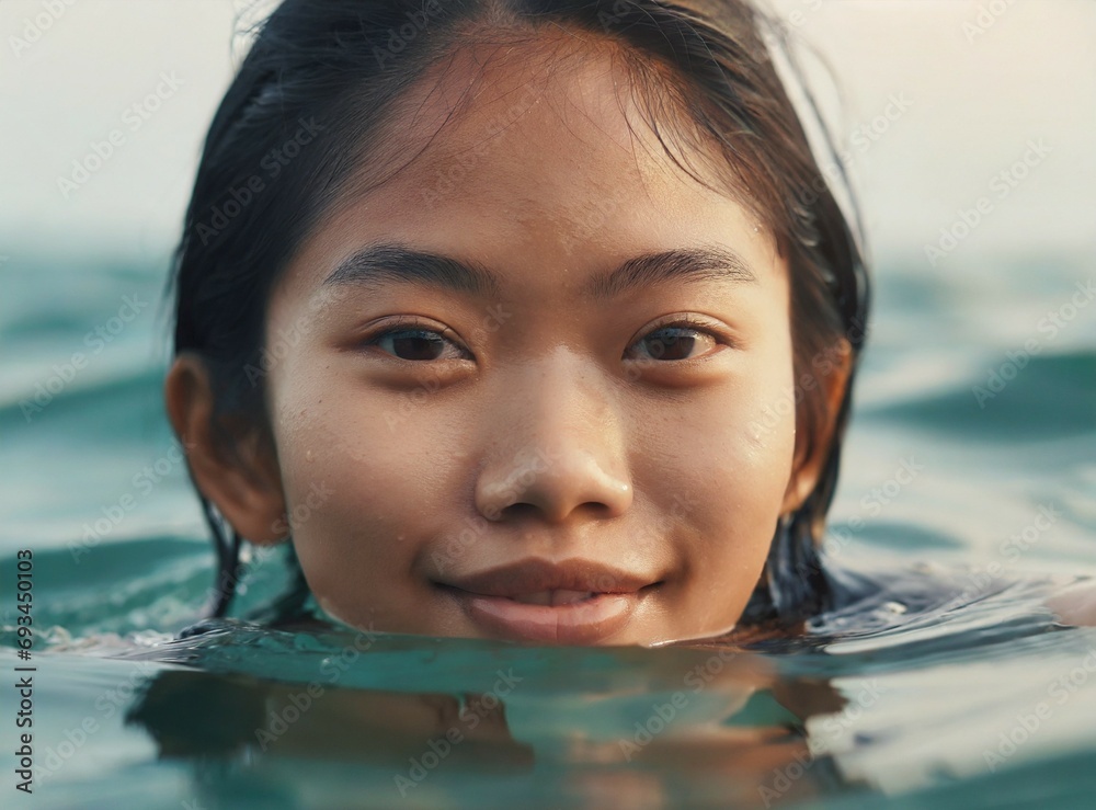 Asian young woman, teenager, swimming in the sea. Face closeup portrait. Summer travel vacation concept.