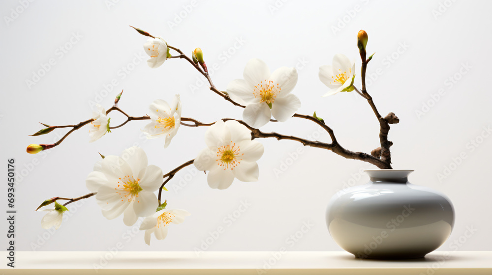 A solitary cherry blossom adorned branch