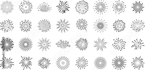 Set of firework icons. Fireworks with stars and sparks vector silhouettes isolated on white background.