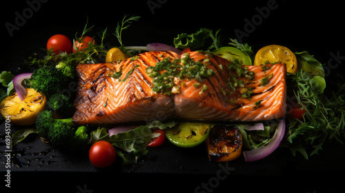 A view from above of a roasted salmon steak