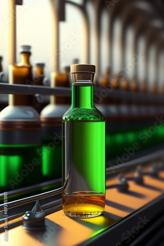 picture of an empty bottle on a conveyer belt in a bottling plant  concept art