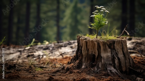 Young trees emerge from old tree stumps, copy space background