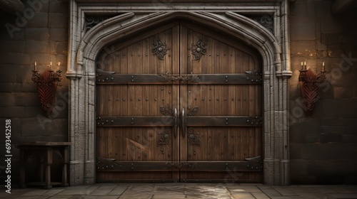 The strong, solid wooden door of a medieval castle. 