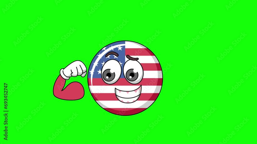 Flexing muscle of flag of united states cartoon, strong pose mascot animation on a green screen Flexing muscle of flag of united states cartoon, strong pose mascot animation on a green screen